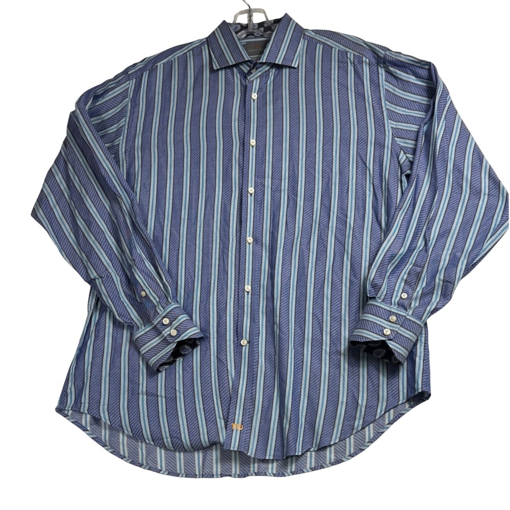 Thomas‎ Dean Mens L Blue Striped Pima Cotton Button Down Shirt Paisley Contrast